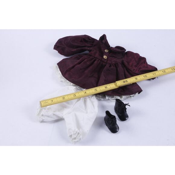 Female Doll Clothing Set, 12" Dark Red Dress, White Underpants, Black Shoes, - Picture 3 of 4